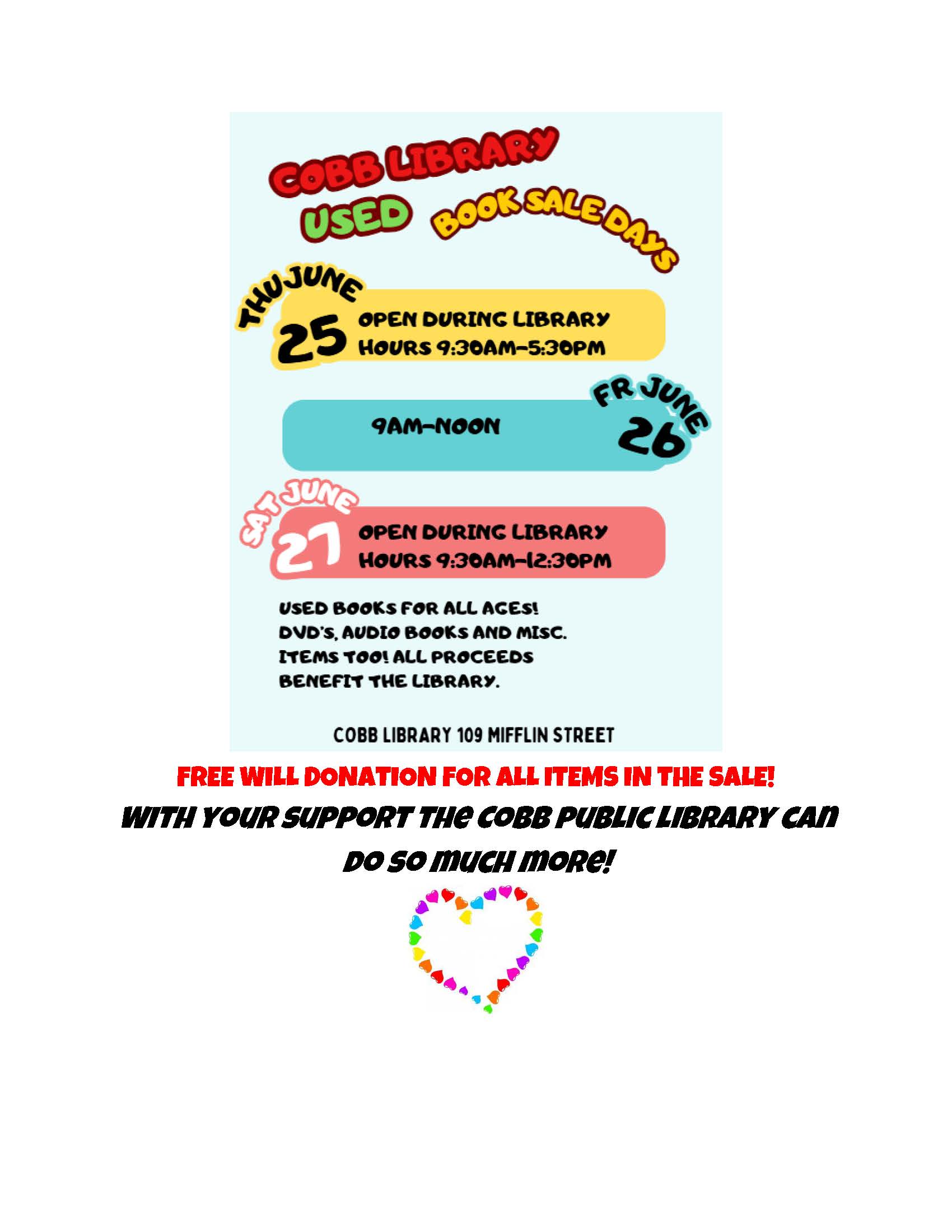 Cobb Public Library Used Book Sale Days